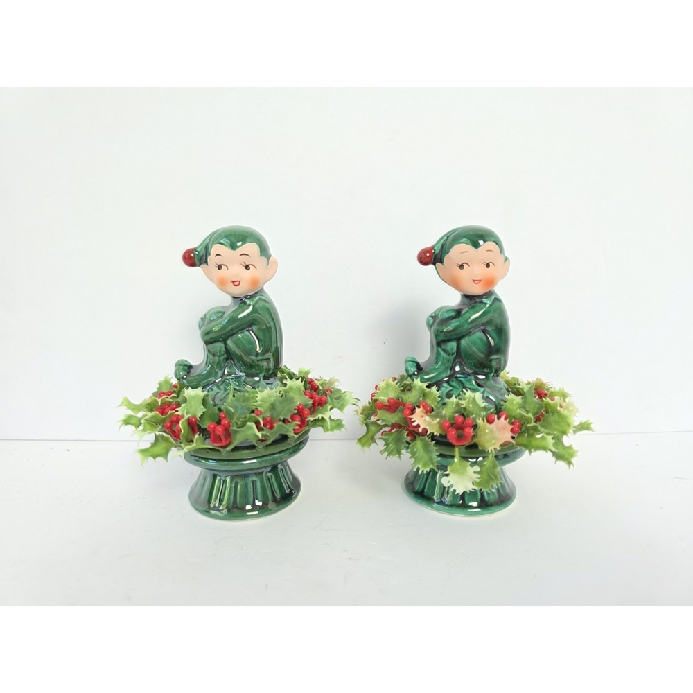 Vintage Inarco Christmas Pixies On Holly  Set Of 2 Figures elf
